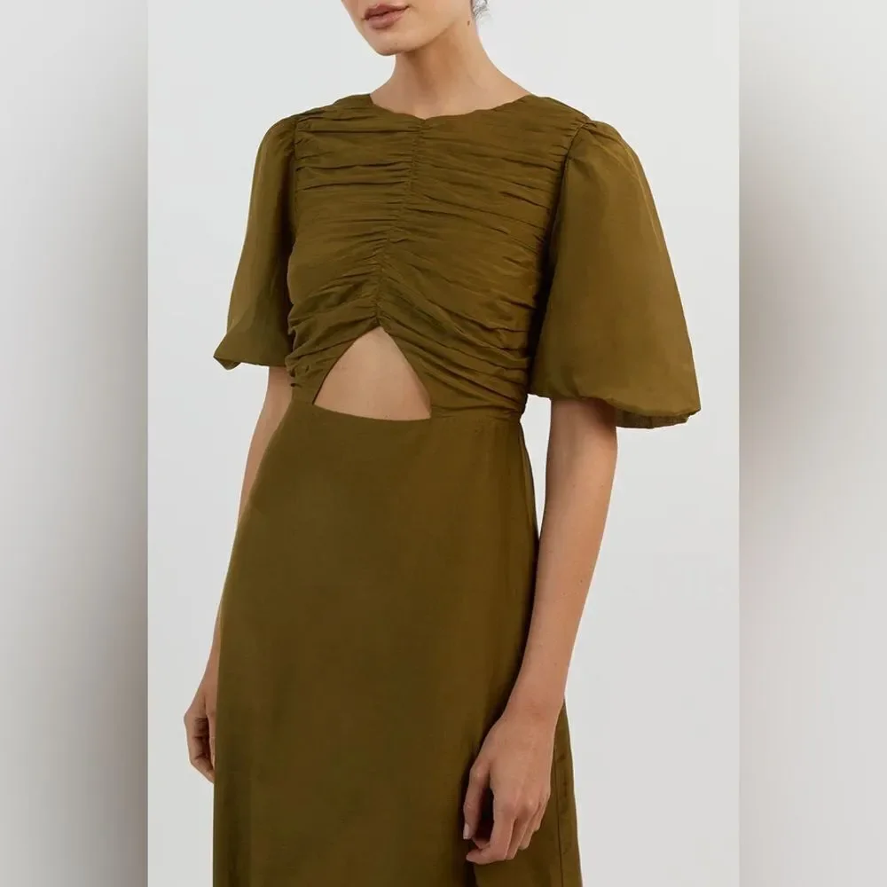NWT DISSH FRANKIE OLIVE CUT OUT MIDI DRESS in Olive